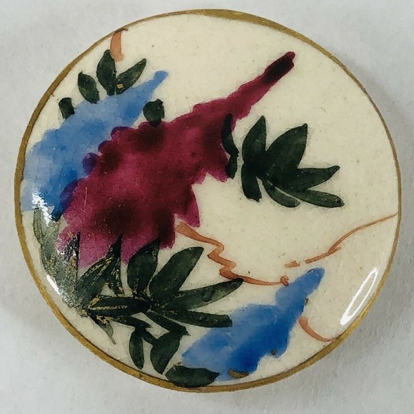 2 Japanese Satsuma Buttons Porcelain Flower Design 1 1/8” Gold Trim Floral VTG - Picture 4 of 9
